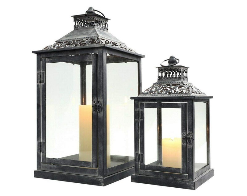 JHY DESIGN Set of 2 Antique Grey Brush Decorative Lanterns Metal Candle Lanterns for Indoor Outdoor Events Paritie and Weddings Vintage Style Hanging Lantern(with Glass) - Image 5